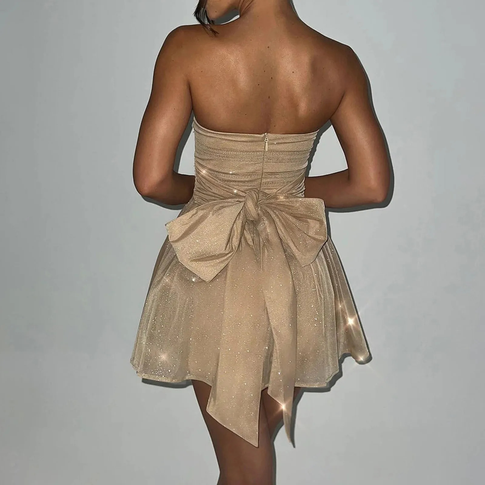 Sparkly Glitter Strapless Mini Dresses For Women Cocktail Party Prom Dress Evening Gowns Bow Backless Elegant Tulle Dresses 250225