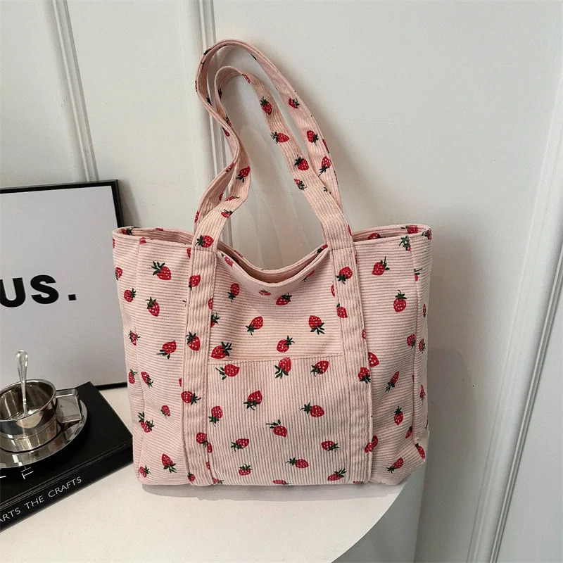 Corduroy Handbag Strawberries Beach Bag Fashionable Versatile Shoulder LargeCapacity Simple Womens Tote Bags 250221