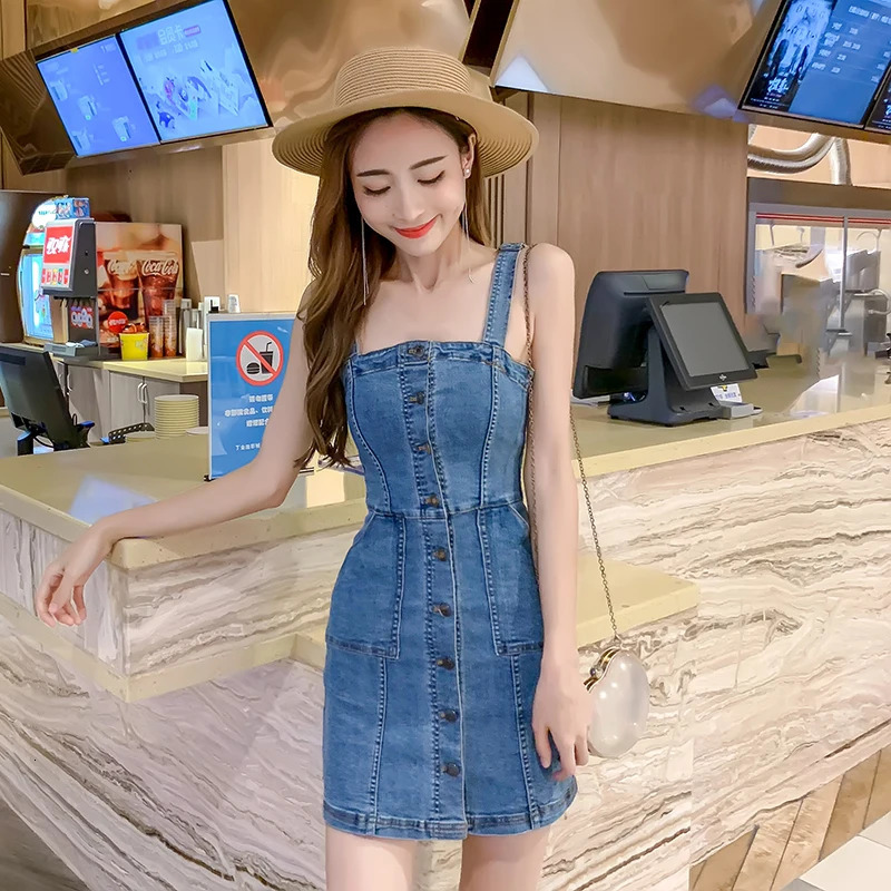 Denim Dress Summer Spaghetti Strap Sundress Vintage Casual Solid Retro Chic Sexy Jeans Button Front Blue Party Dress Women 250225