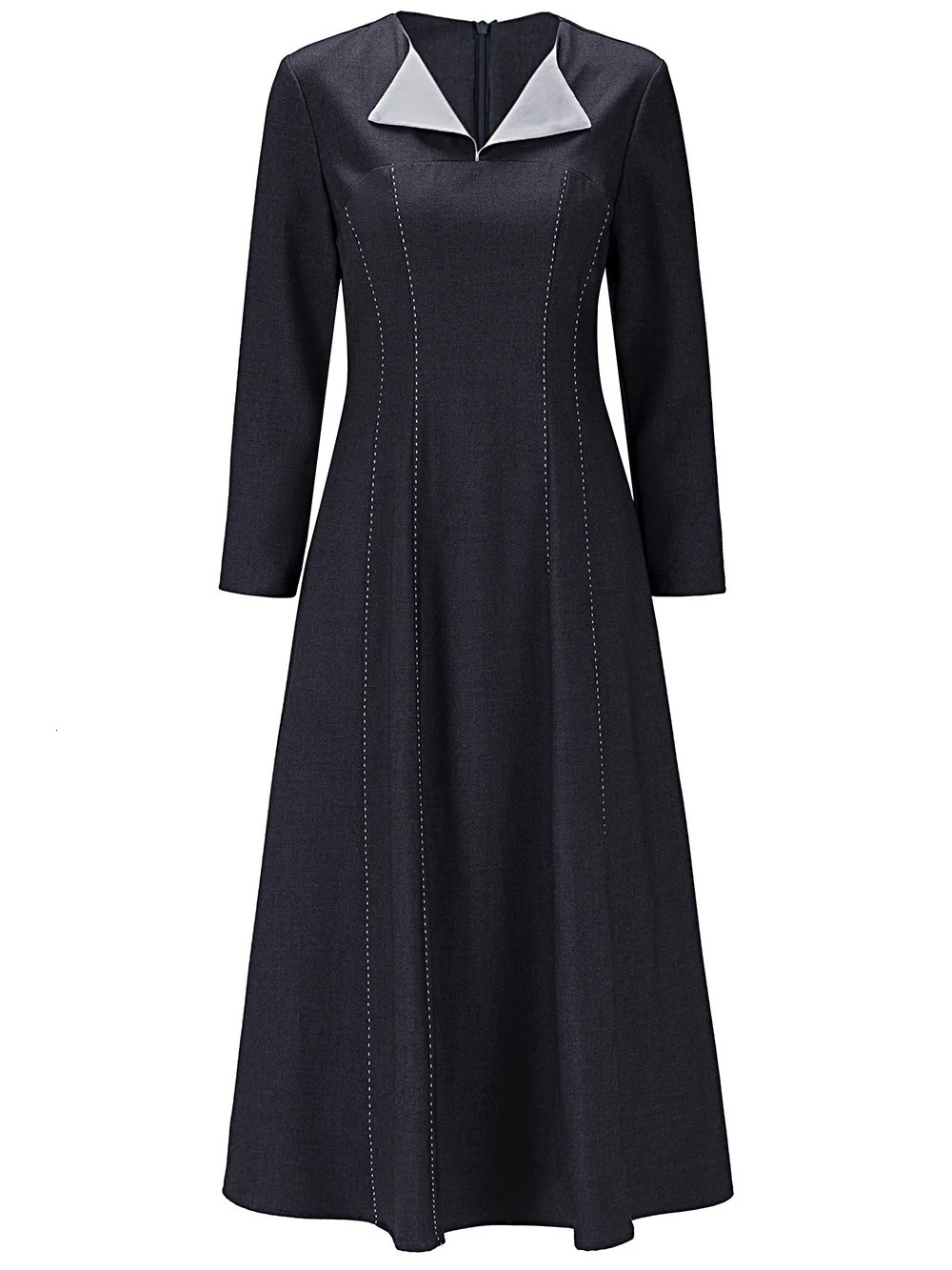 ZJYT Arrivals Spring Dresses for Women 2025 Runway Fashion Long Sleeve Brief Casual Midi Dress Aline Grey Vestidos Female 250225