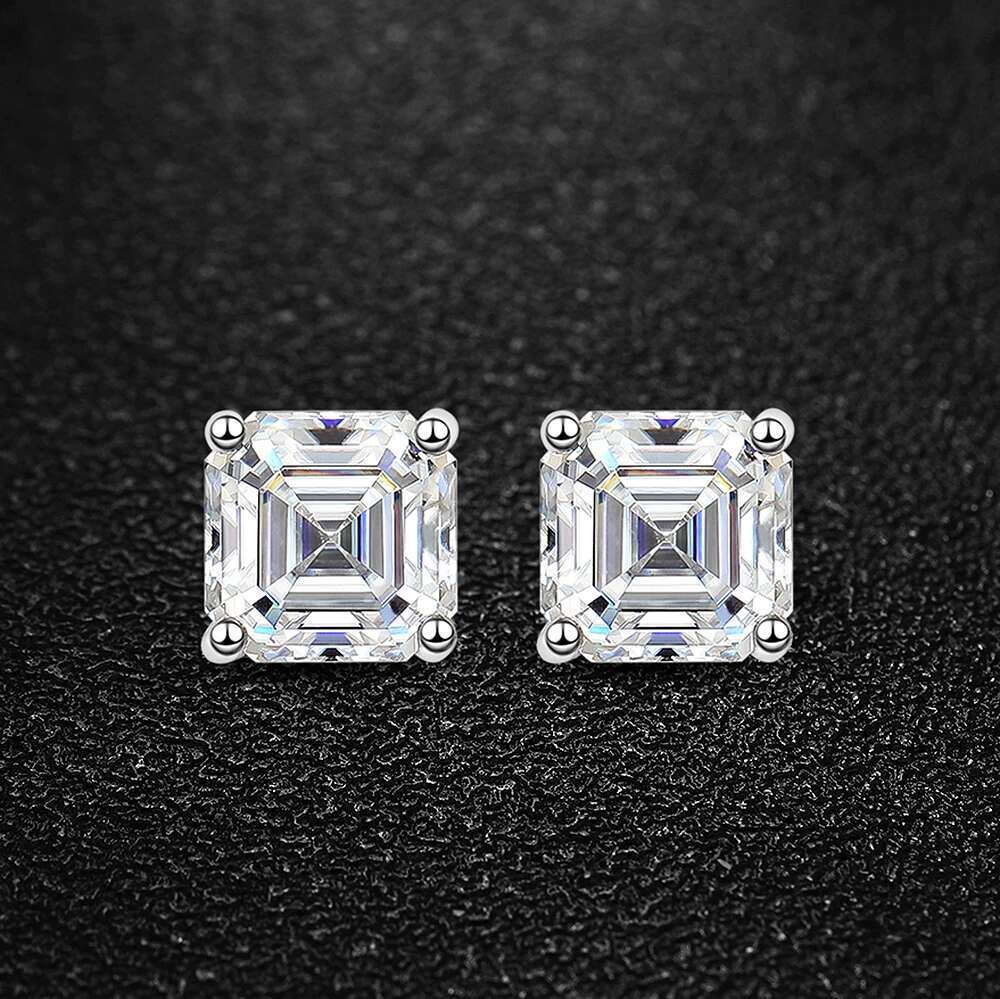 1carat Sqaure Shape Moissanite Stud Earrings for Women Men Asscher Princess Cut Earring Sier Dia Ear Studs
