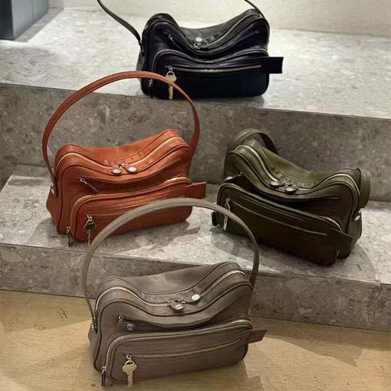 First Layer Cowhide Leather Vintage Brand Key Zipper Shoulder Handbag Underarm Small Square Female Bag Personality