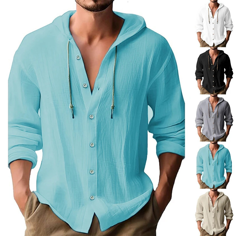 Summer Mens Linen Shirt Solid Streetwear Long Sleeve Hoodie Cardigan Clothing For Men Button Tops Casual Loose Hooded 250214Z