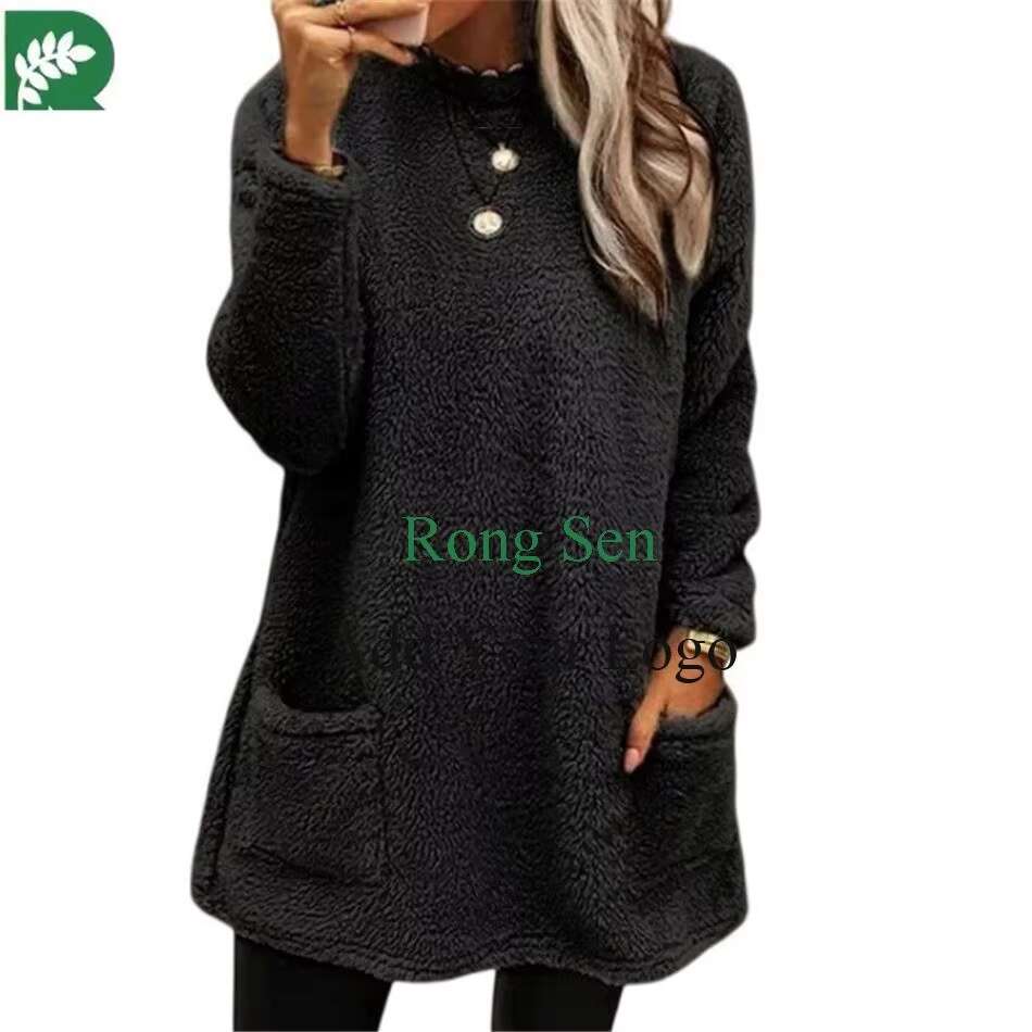 For New Long Sleeve Pocket Plush Hoodies Women Pullover Solid Color Warm Sweatshirts
