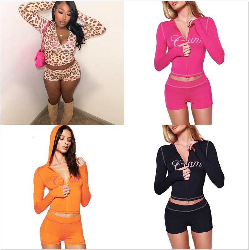 Women Tracksuits Two Pieces Set 2025 Spring New Casual Leopard Pattern Slim Fit Hooded Zipper Top High Waist Shorts Set