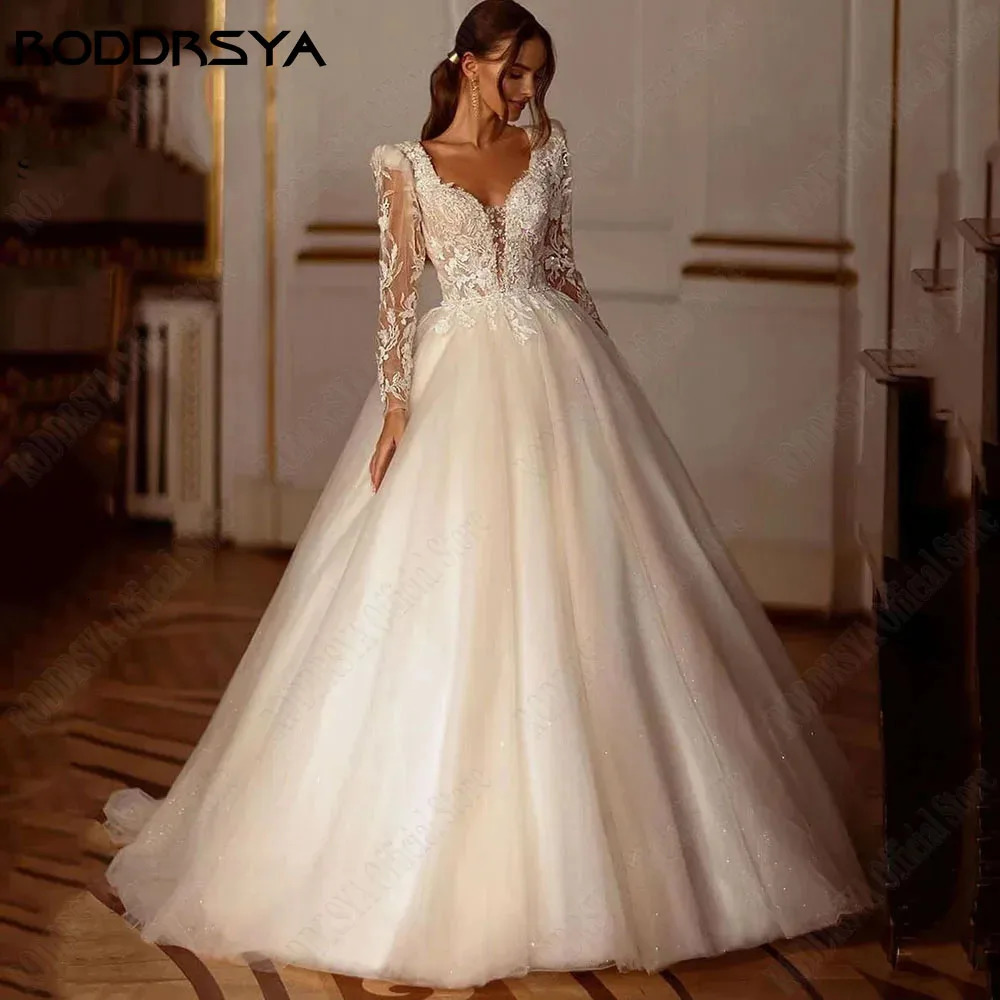RODDRSYA Shiny Long Sleeves Wedding Dress ALine Lace Up Bridal Gowns Applique Beading VNeck Customized 250224