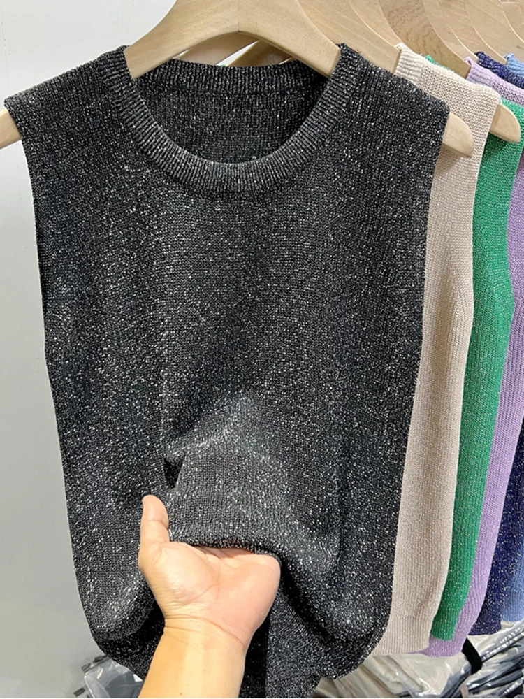 2025 Summer Women Knitted Green Tank Tops Women Thin Tops Basic Casual Tank Tops O-neck Tees Sleeveless Tops For Women 250226