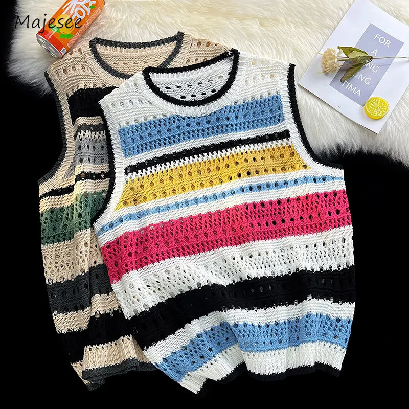 Unisex Summer Sweater Vest Men Retro Striped American Sexy Males Sleeveless Hollow Out Knitwear Harajuku Y2k 250210