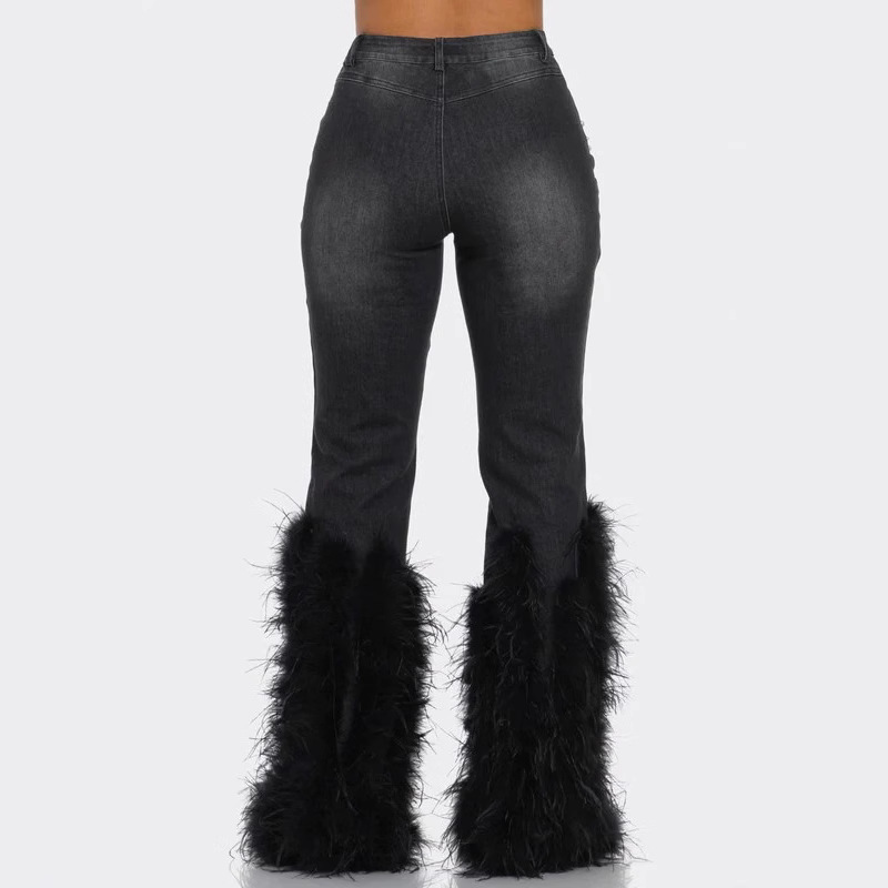 D8711 New Fashionable Casual Jeans with Nail Beads and Long Hairy Jeans 201105