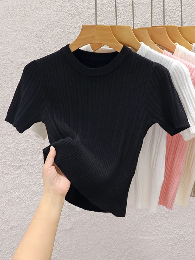 2025 Summer T shirts for Women Casual Female Korean Knit Streetwear Tees Basic Solid Young Cool Tops 250226
