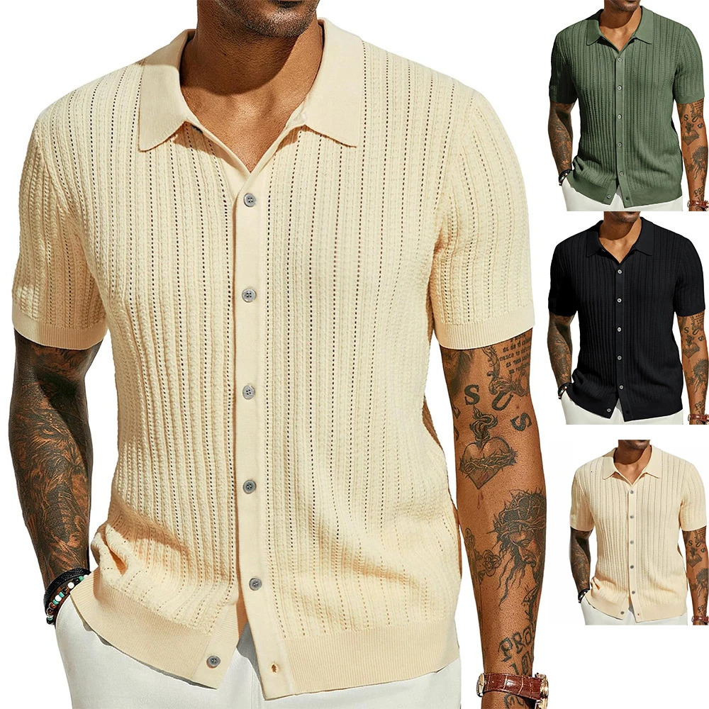 Mens Casual Tops Summer Cool Knitted Mens Shirts Short-sleeved Lapels Solid Color Hollow Breathable Clothing 250224
