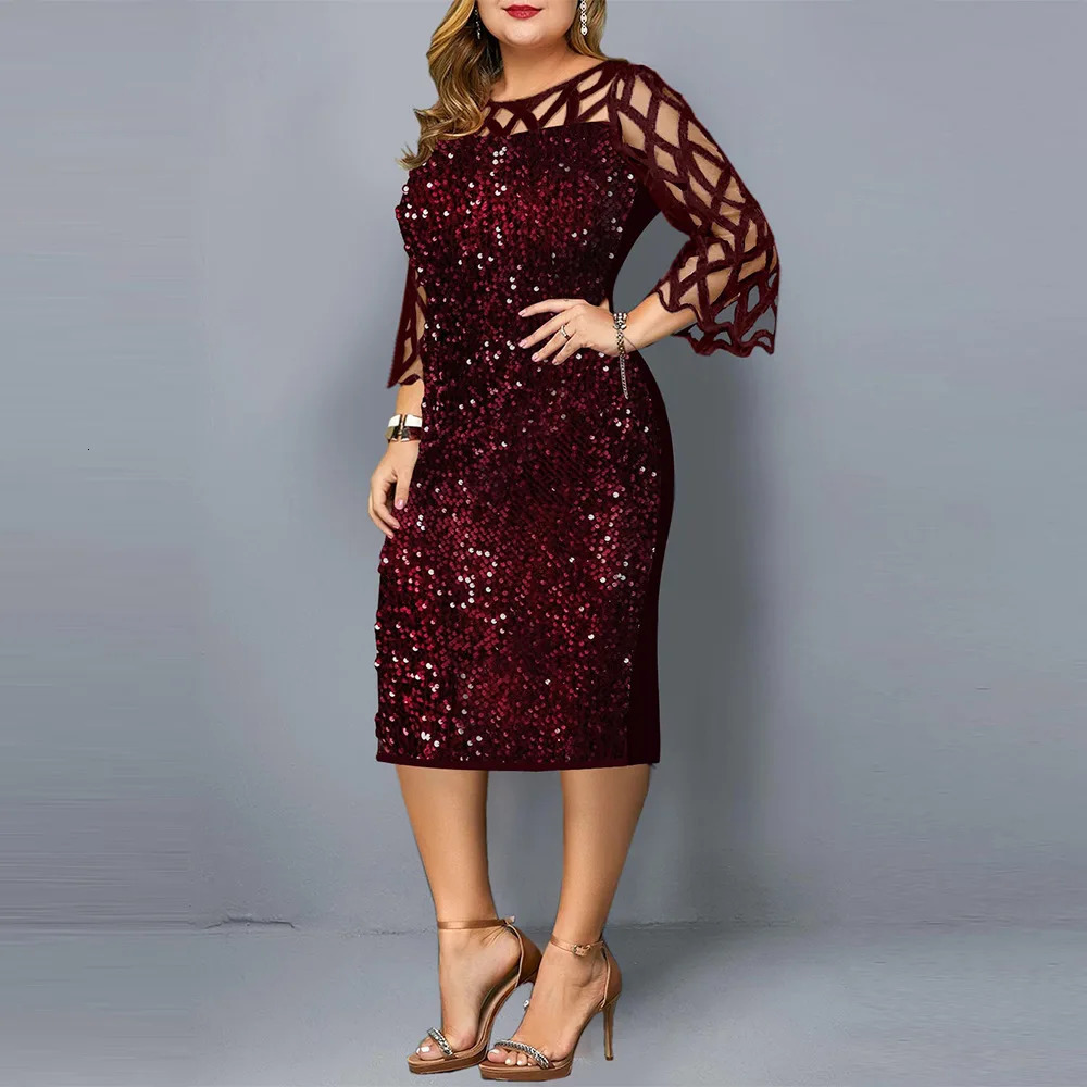 eDressU Women Sequins Lace Evening Party Dress 3/4 Sleeves Plus Size Mid-Calf Elegant Cocktail Formal Dress LYT-3187 250225
