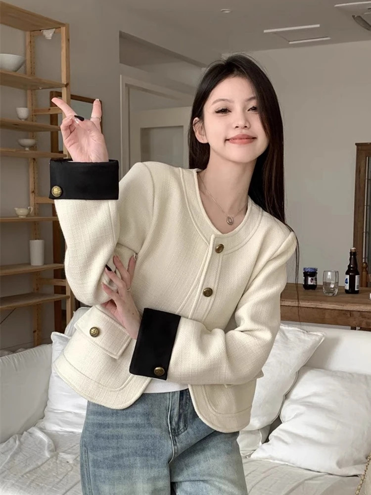 Jmprs Slim Elegant Tweed Jackets Women Fashion Korean Long Sleeve Short Coats Casual O Neck Female Fall Winter Tops 250210