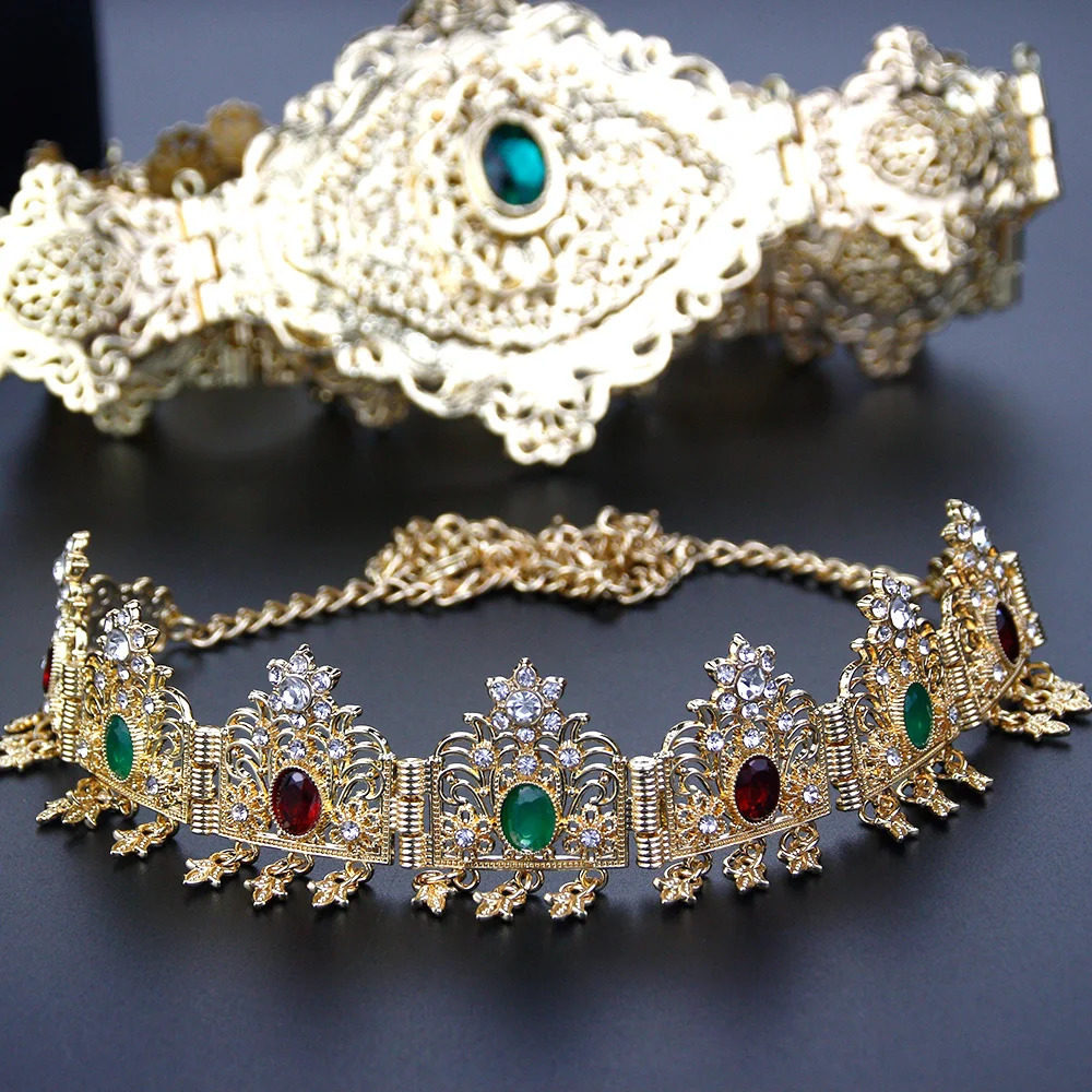 Sunspicems Morocco Bridal Jewelry Set Crown Crystal Belt Set Wedding Dress Waist Chain Caftan Bijoux Arabian Women Jewelry Gift 250225