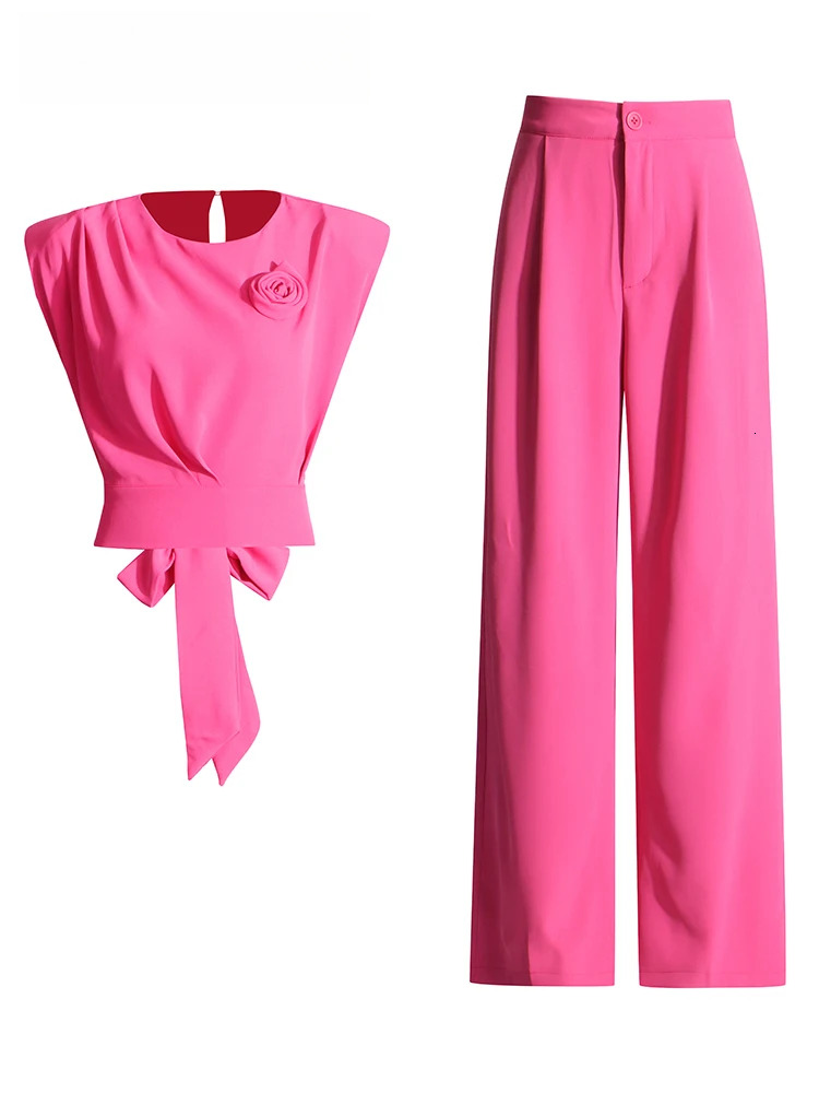 Elegant Two Piece Set For Women O Neck Sleeveless Spliced Lace Up Vest High Waist Wide Leg Pant Chic Sets Female