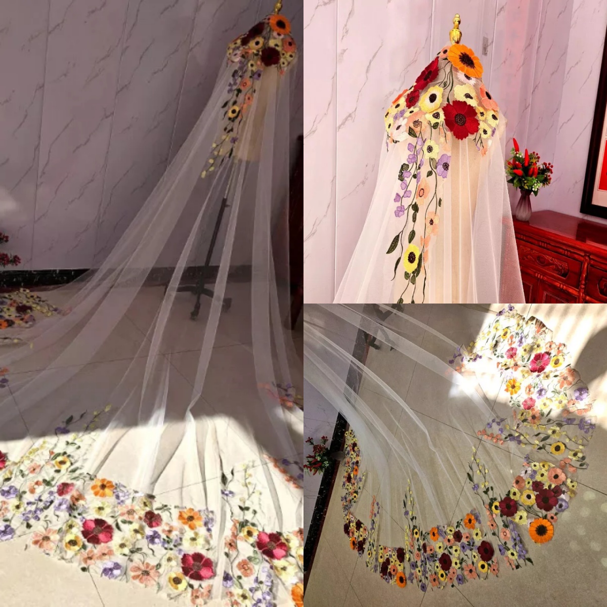 Colorful Wedding Veil Appliques Flowers One Layer Long Cathedral Length Veils With Comb Customized Bridal Accessories