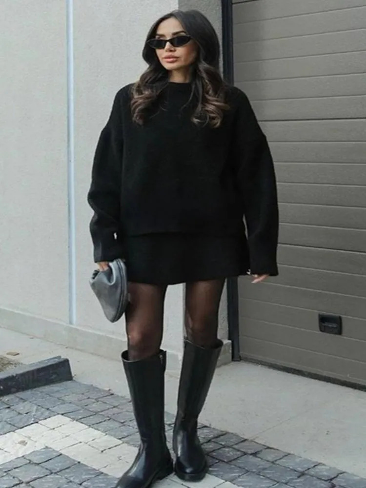 Elegant Skirt Suits Women O-neck Knitted Long Sleeve Pullovers High Waist Short Skirts Female Sets Autumn Lady Outerwears 250225