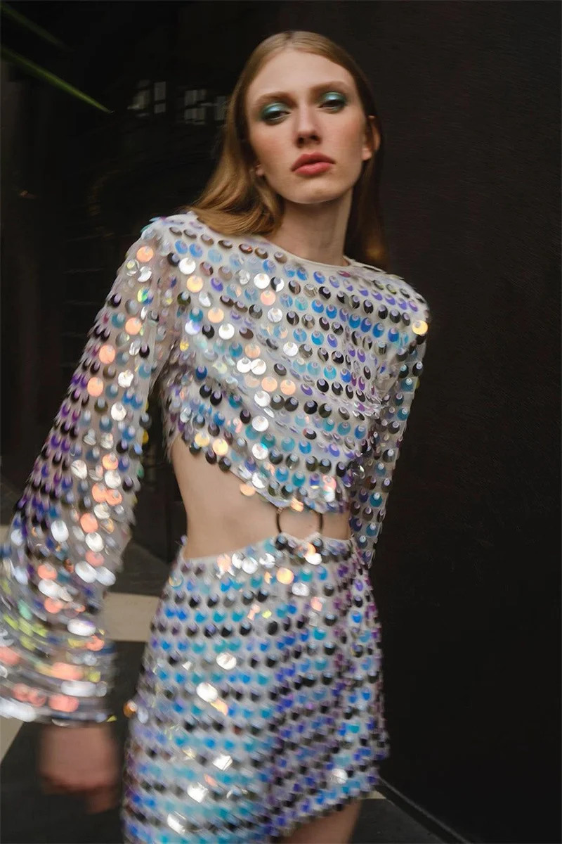 Sequins Hollow Out Mini Dress Woman Fashion Long Flare Sleeve Slim Glitter Dresses High Street Evening Party Club Mini Vestido 250225