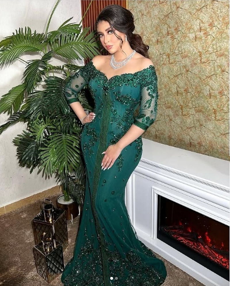 Elegant Arabic Kaftan Evening Dresses Dark Green Mermaid Formal Dress With Sleeves Lace Appliques Beaded Modern Prom Occasion Gown For Women 2025