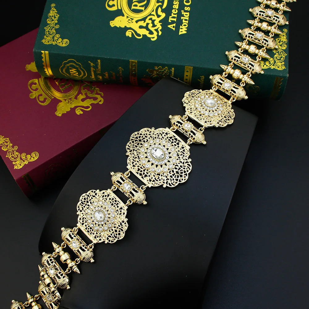 Sunspicems Chic Metal Waist Chain Morocco Belt Bride Body Chain Gold Color Orange Women Caftan Abaya Belt Arabic Wedding Jewelry 250225