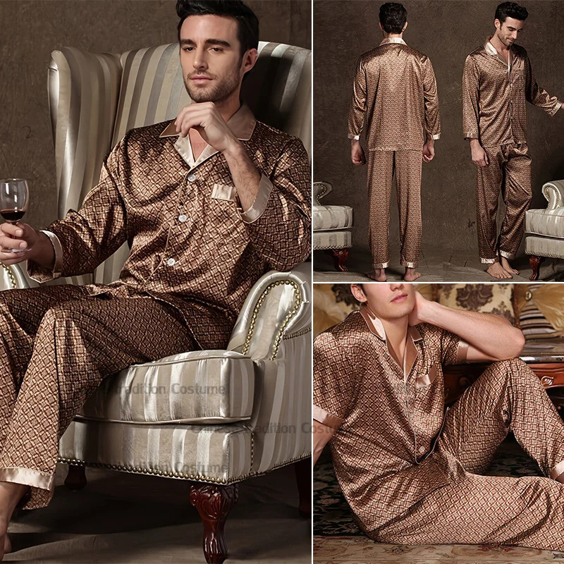 Thin satin pajama set mens printed 2PCS set casual pajama mens autumn spring casual pajama loose pajama 250225