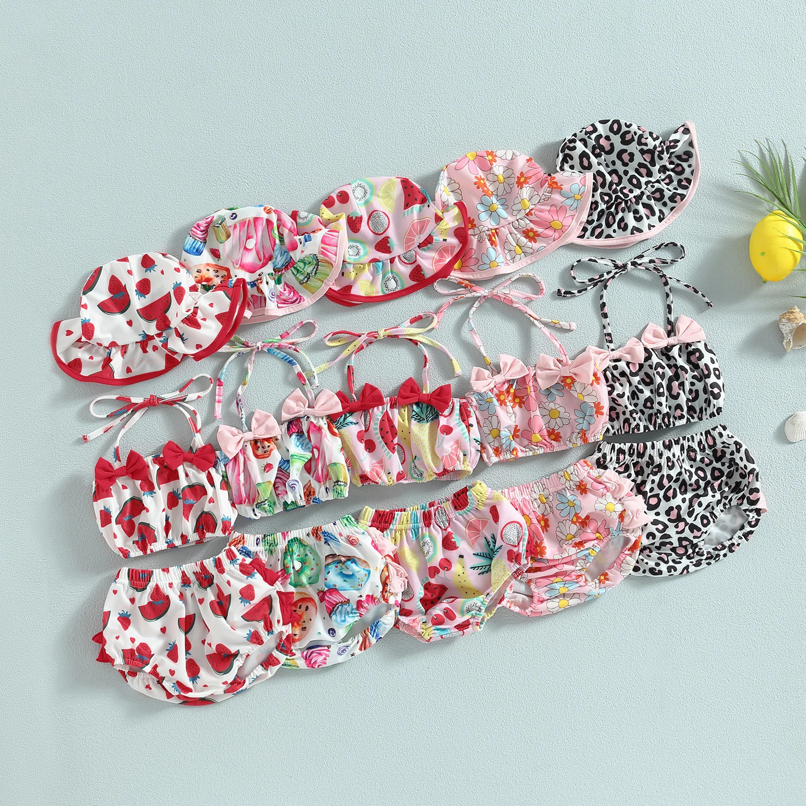 Citgeett Summer Infant Baby Girl Swimsuits Fruit Print Bandage Halterneck Sleeveless Tops Beach Shorts and Hat Swimwear 250225