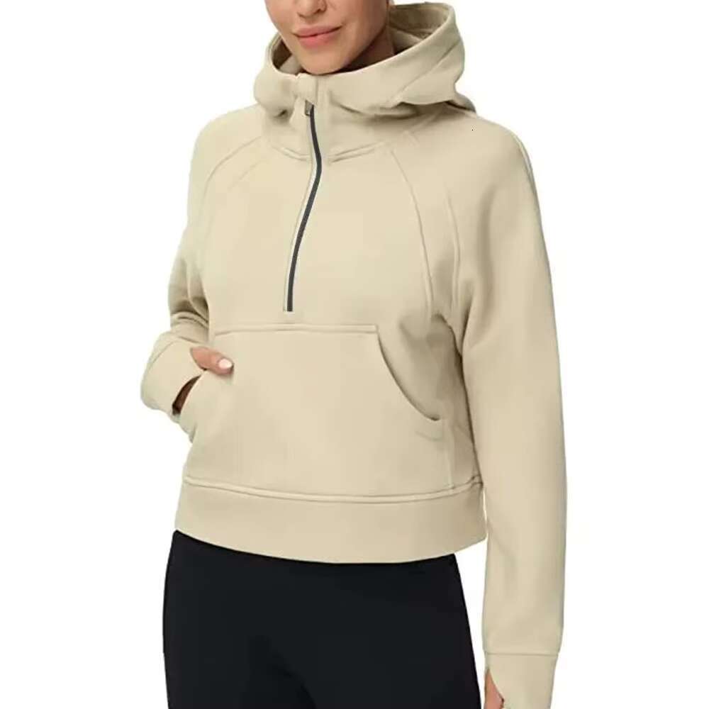 New Fashion Women Girls Fleece Half Zipper High Collar Hooded Sweatshirt Pockets Long Sleeve Solid Color Pullover Casual Hoodie