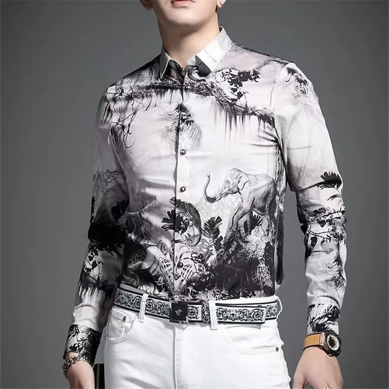 Y2K Men Fashion Printed Vintage Shirt Spring Hawaiian Mens Long Sleeve Casual Beach Shirts Man Tops Chemises Hommes 250226