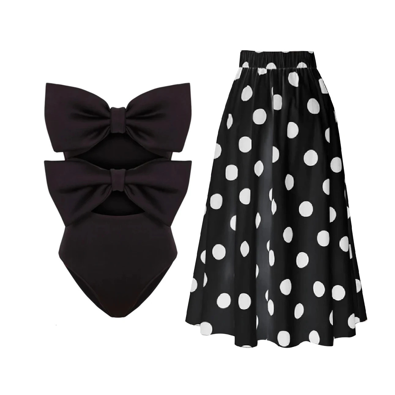 2025 Black Retro One Piece Swimsuit Women Bow Tie Swimwear with Skirt Sexy Hollowen Bathing Suit Monokini Beachwear Bodysuit 250225