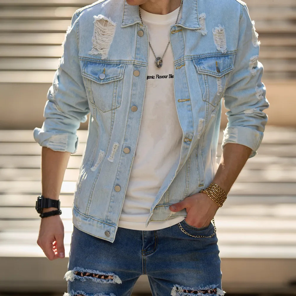 Streetwear Men Ripped Solid Slim Denim Jacket High Quality Male Holes Motorcycle Casual Denim Jacket Coat 250225