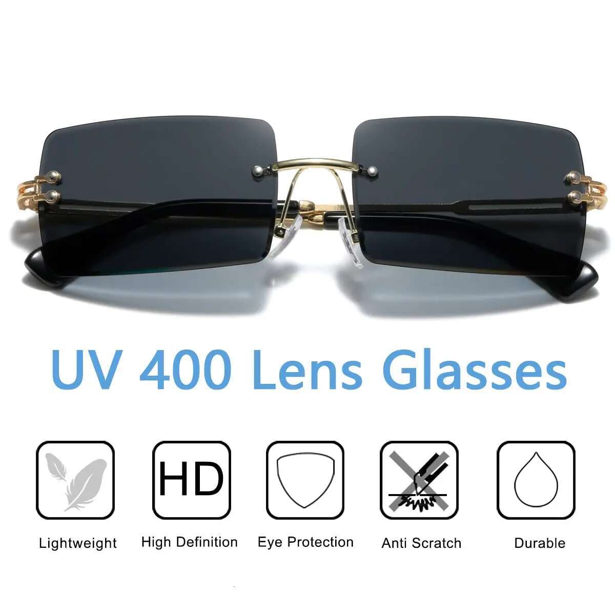 Men's Retro Sunglasses for Men Women Tinted Lens Metal Frame Vintage Rimless Rectangle Glasses UV400 Protection