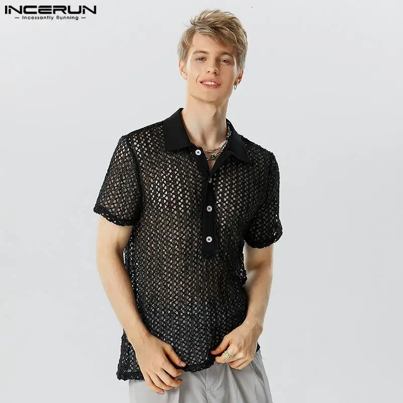 Mens Shirt Mesh Transparent Hollow Out Lapel Short Sleeve Mens Clothing Streetwear Sexy Solid Fashion Shirts S-5XL INCERUN 250222
