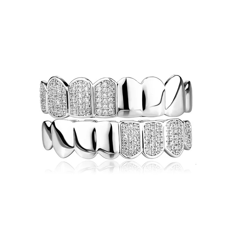 Hip hop Half CZ Teeth Hat Sparkling Ice Cube Zircon Mini Paving Top and Bottom Charm Grill Set Suitable for Womens Jewelry Gif 250220