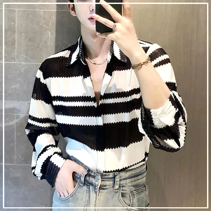 Senior Trend Fashion Niche Sense of Thin Style Cool Stripe Hollow Out Loose Handsome Temperament Mens Shirts Autumn 250224