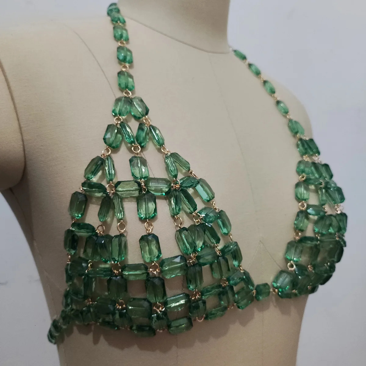 Sexy Green Beaded Crystal Camisole Chest Bra Lingerie Chain Women Bikini Elegant Festival Nightclub Body Jewelry Y2K Accessories 250225