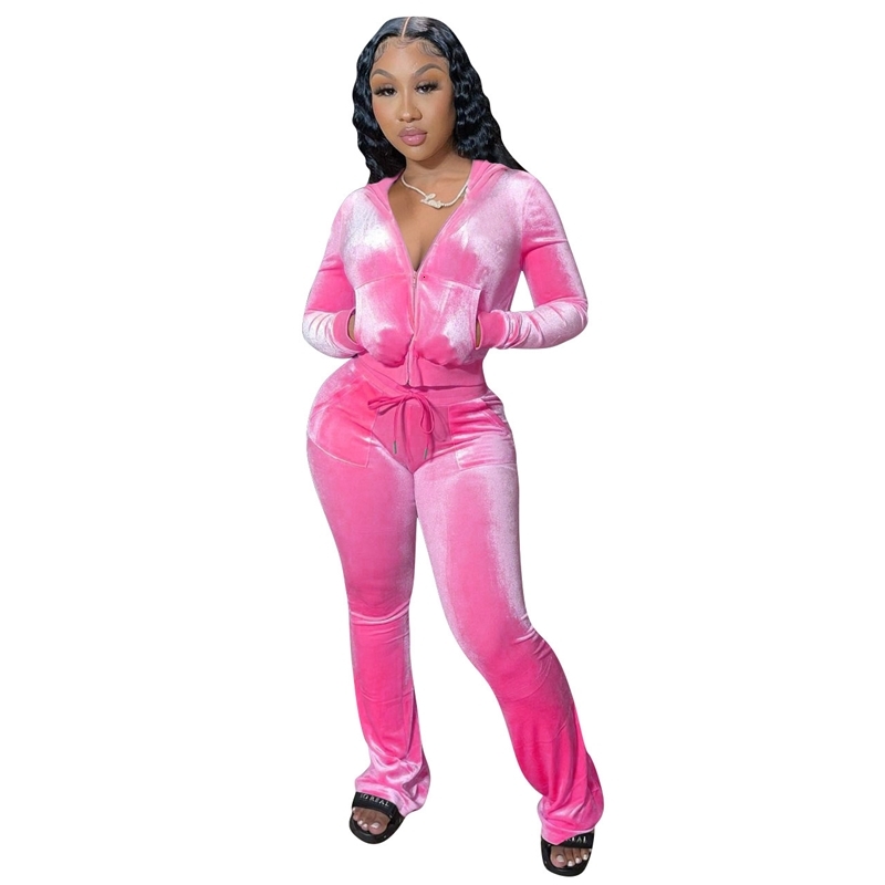 Womens Tracksuits Two Pieces Set 2025 New Solid Gold Velvet Casual Hat Wide Leg Pants Sportwear 15 Colors