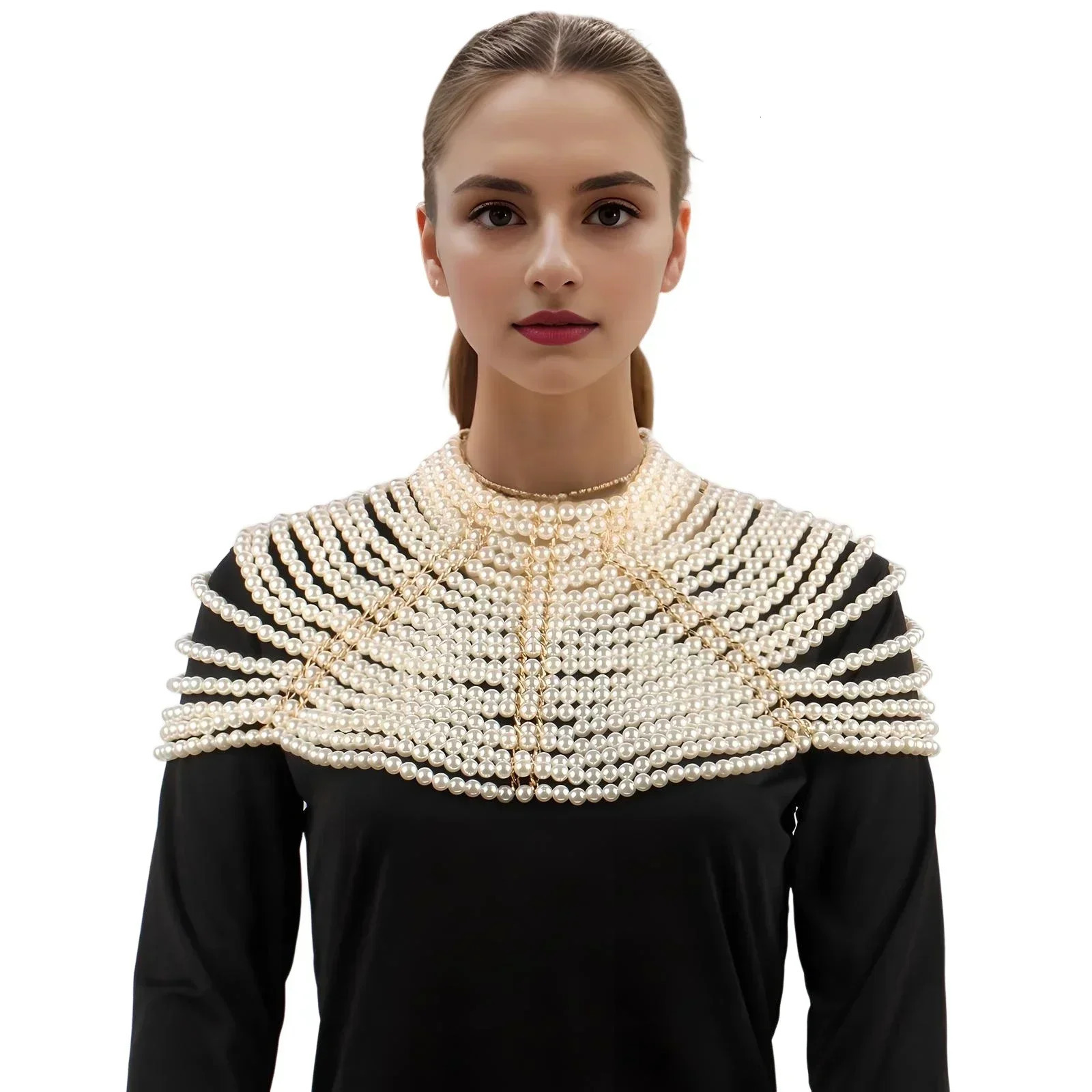 Pearl Necklace Body Chain for Women Big Large Beads Statement Chunky Crop Top Bra Mesh Choker Shoulder Shawl Jewelry Costume 250225
