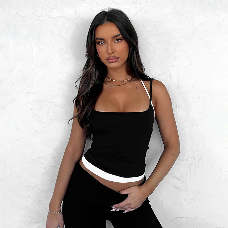 CUTENOVA Spring Adjustable Straps Halter Clash Color Two Piece Square Neck Backless Solid tie Style Top 250225