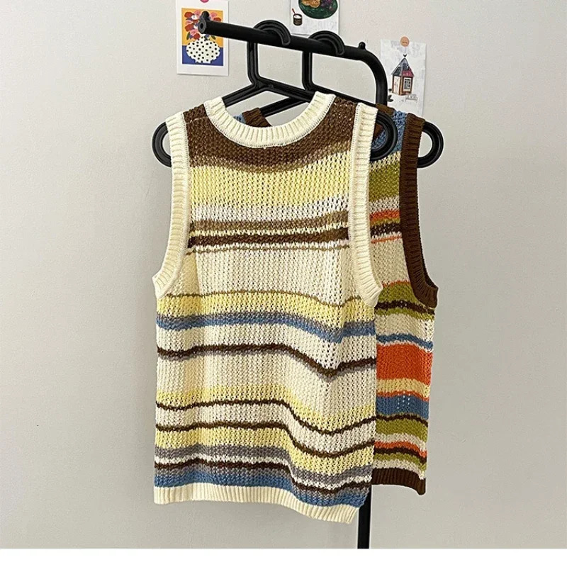 Fashion Striped Hollow Knitted Vest Mens Summer Color Matching Sleeveless Tshirt Loose Couple Vests Tops Male Clothes 250225