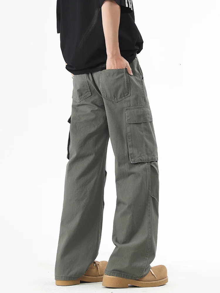 Mens Cargo Pants Spring Summer Korean Fashion 100% Cotton Baggy Style Wide Leg Casual Pants Loose Fit Straight Trousers 250226