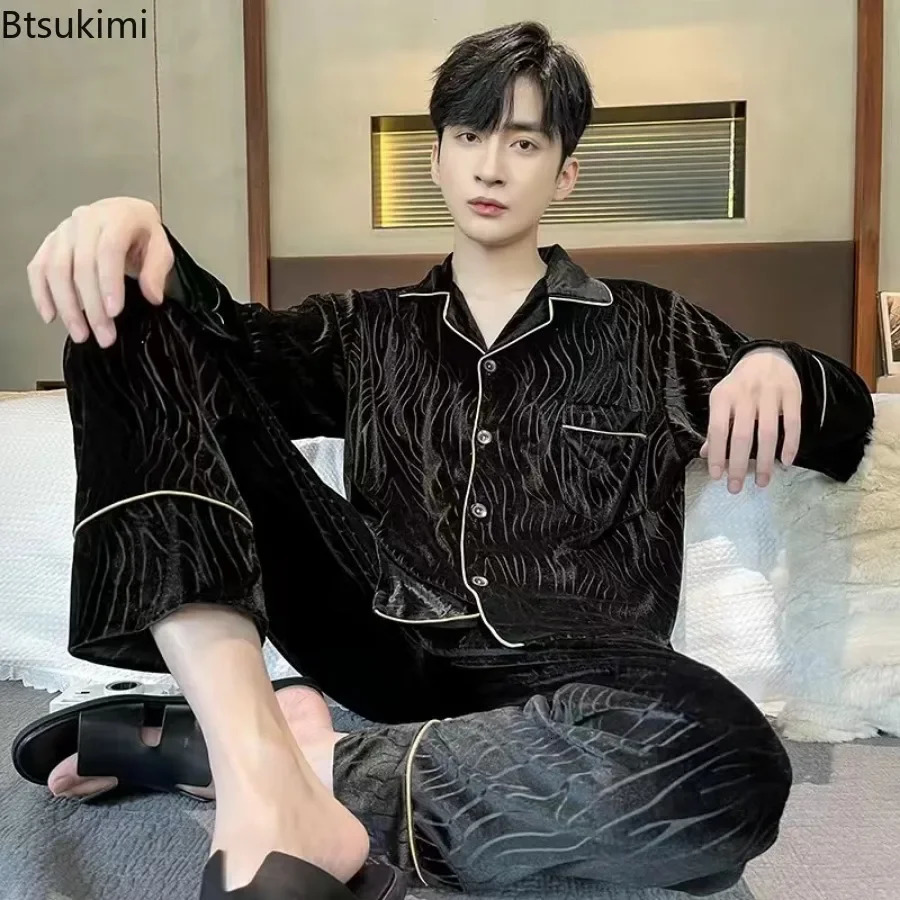 Mens Long Sleeve Pants Pajama Sets High-end Gold Velvet Homewear 2 Piece Sets Loose Lounge Sleepwear Suit Male 250225