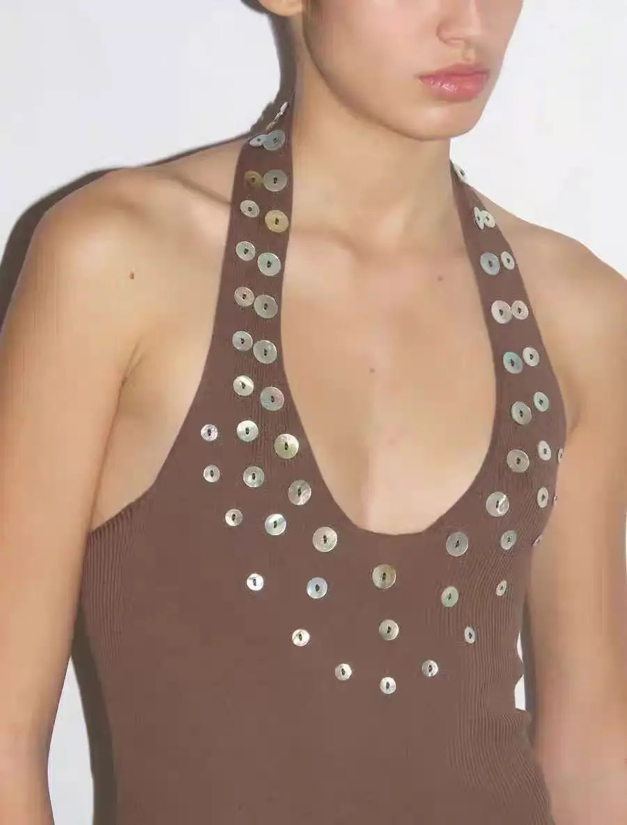 Spanish irregular mother of pearl sequin decorative thread knitted hanging neck vest top for women 250225