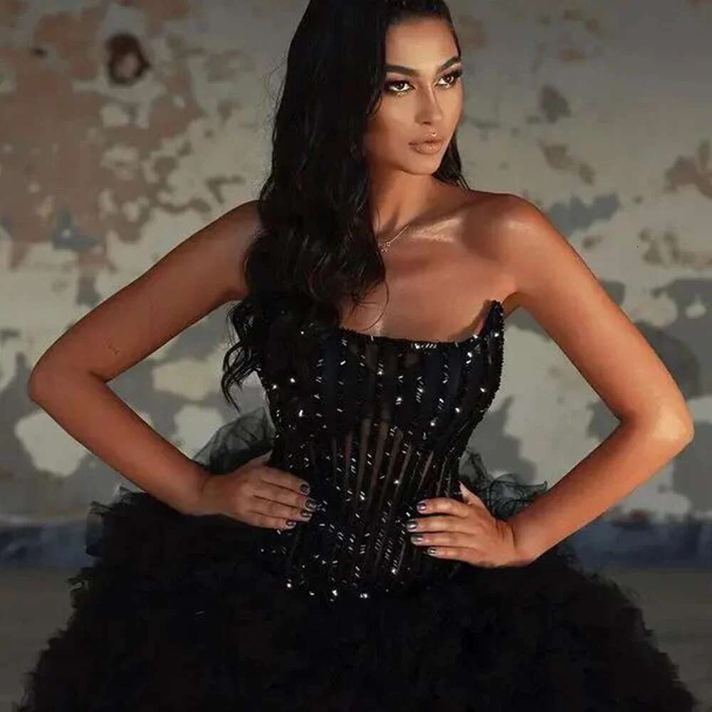 the Black Fashion Sleeveless Evening Layered Pleated Beaded Ball Gowns High Division Cute Bright Stylish Party Dresses