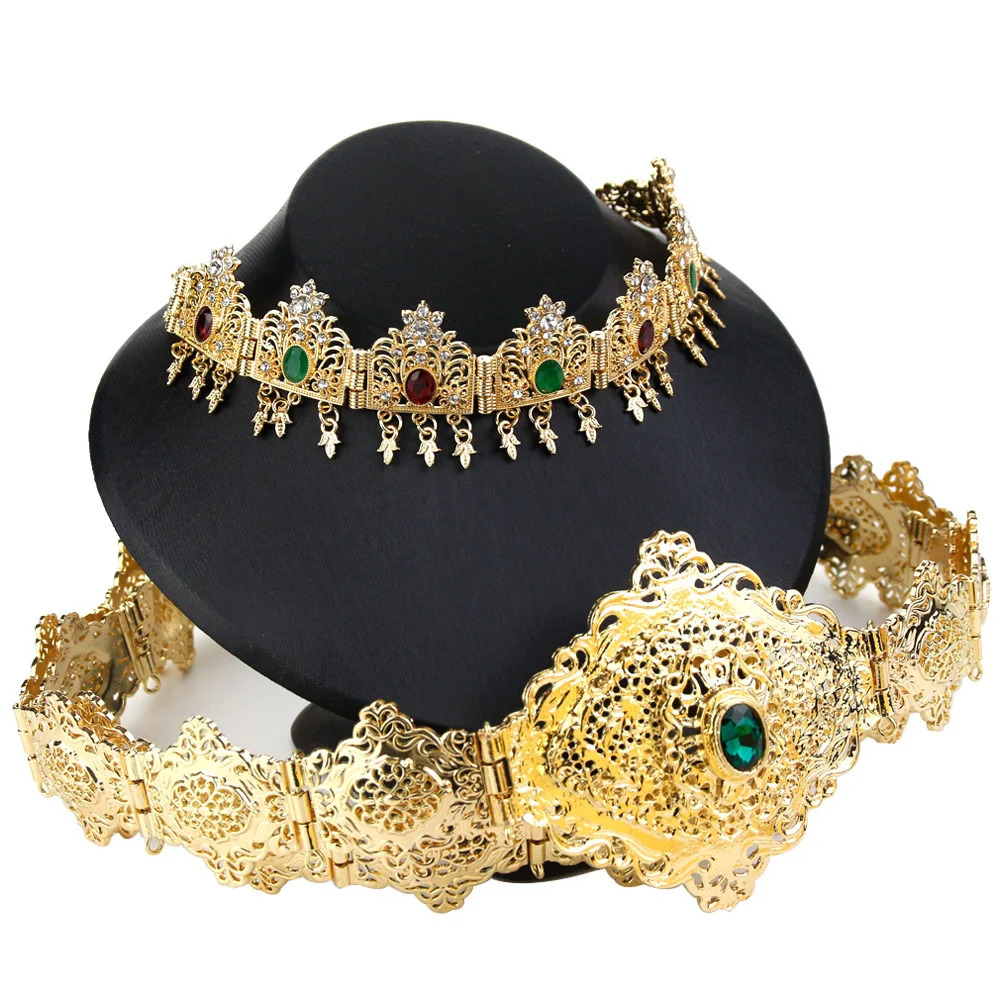 Sunspicems Morocco Bridal Jewelry Set Crown Crystal Belt Set Wedding Dress Waist Chain Caftan Bijoux Arabian Women Jewelry Gift 250225