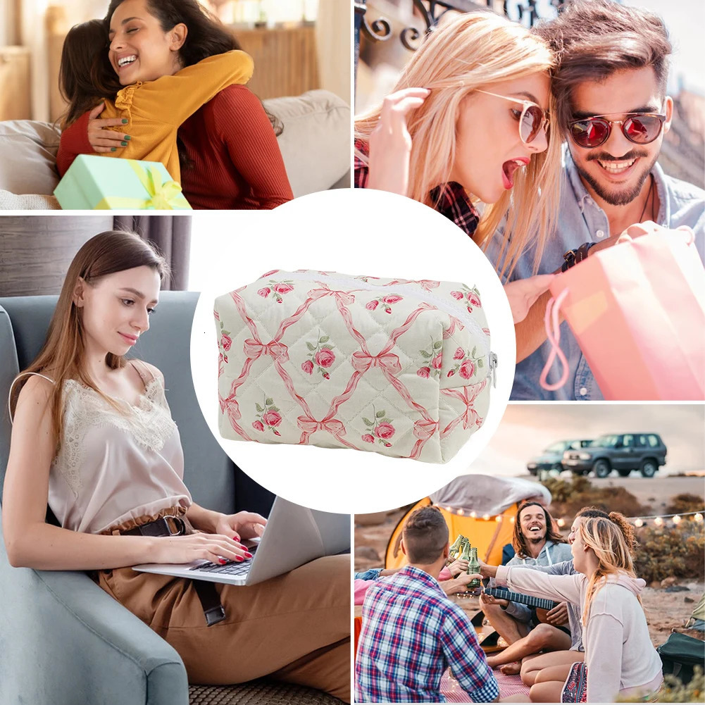 Cute Bow Floral Makeup Bag with Zipper Makeup Organizer Storage Bag Cotton Quilted Cosmetic Organizer Case Large for Women Girls 250221