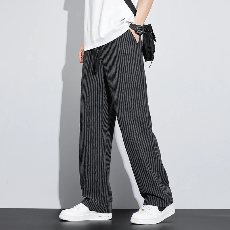 Spring and summer striped casual pants mens loose straight wide leg brushed elastic waist pants mens pants 250225