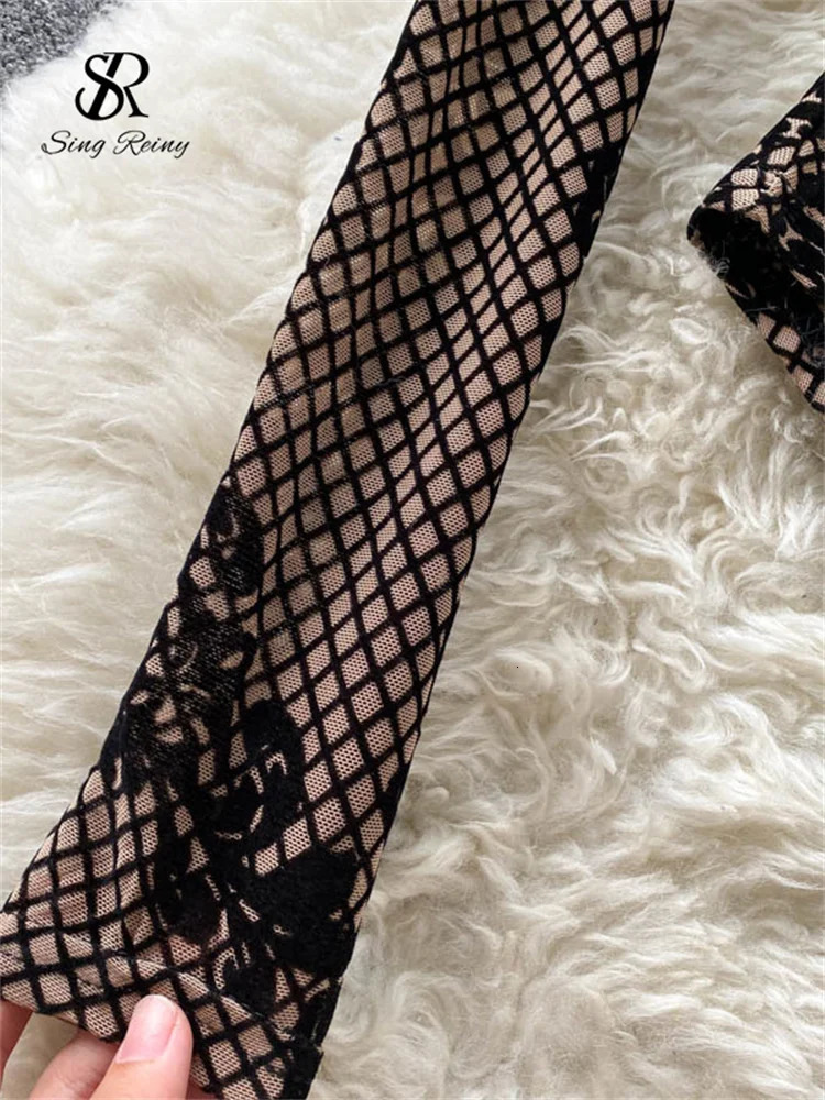 SINGREINY Fashion Women Velvet Slim Playsuits Long Sleeves Vintage Bodycon Rompers Streetwear Y2K Ins Chic Mesh Sexy Bodysuits 250225