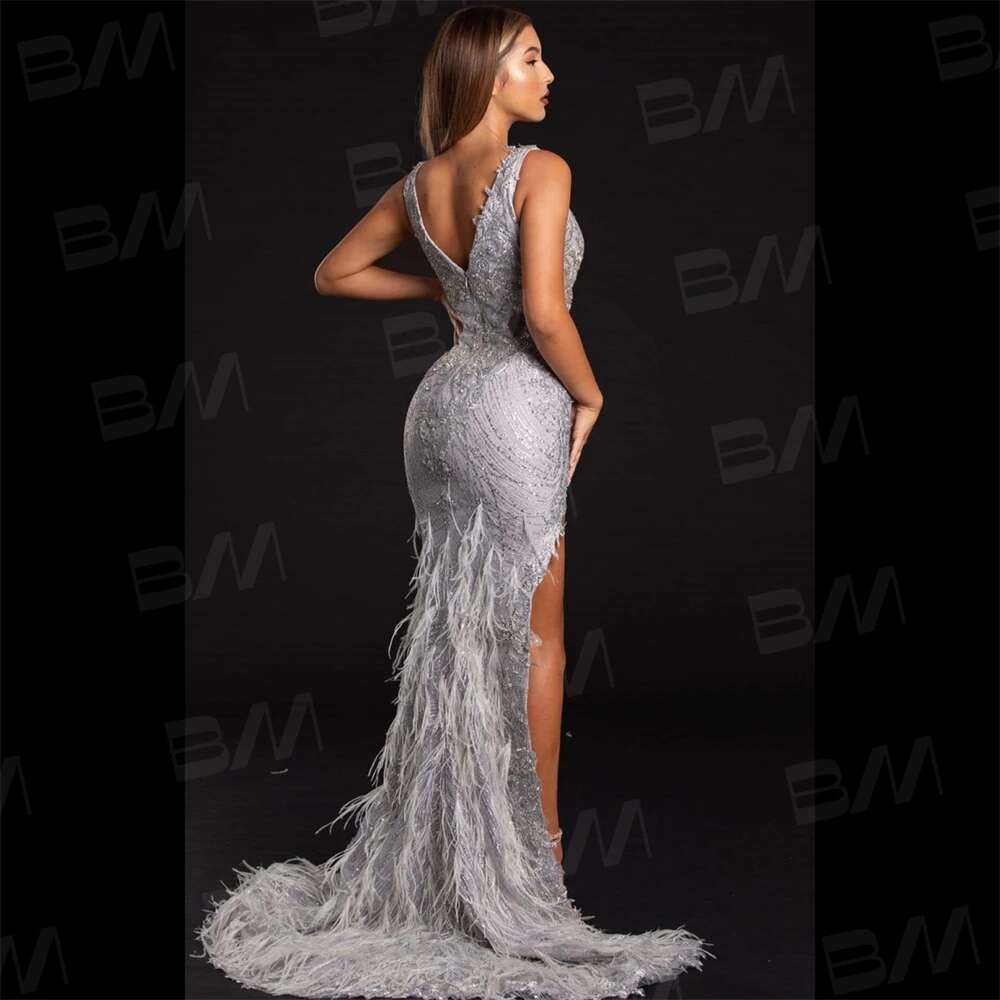 High side slit spaghetti ribbons fringed evening without backs party gala dresses sexy feathers custom prom dress