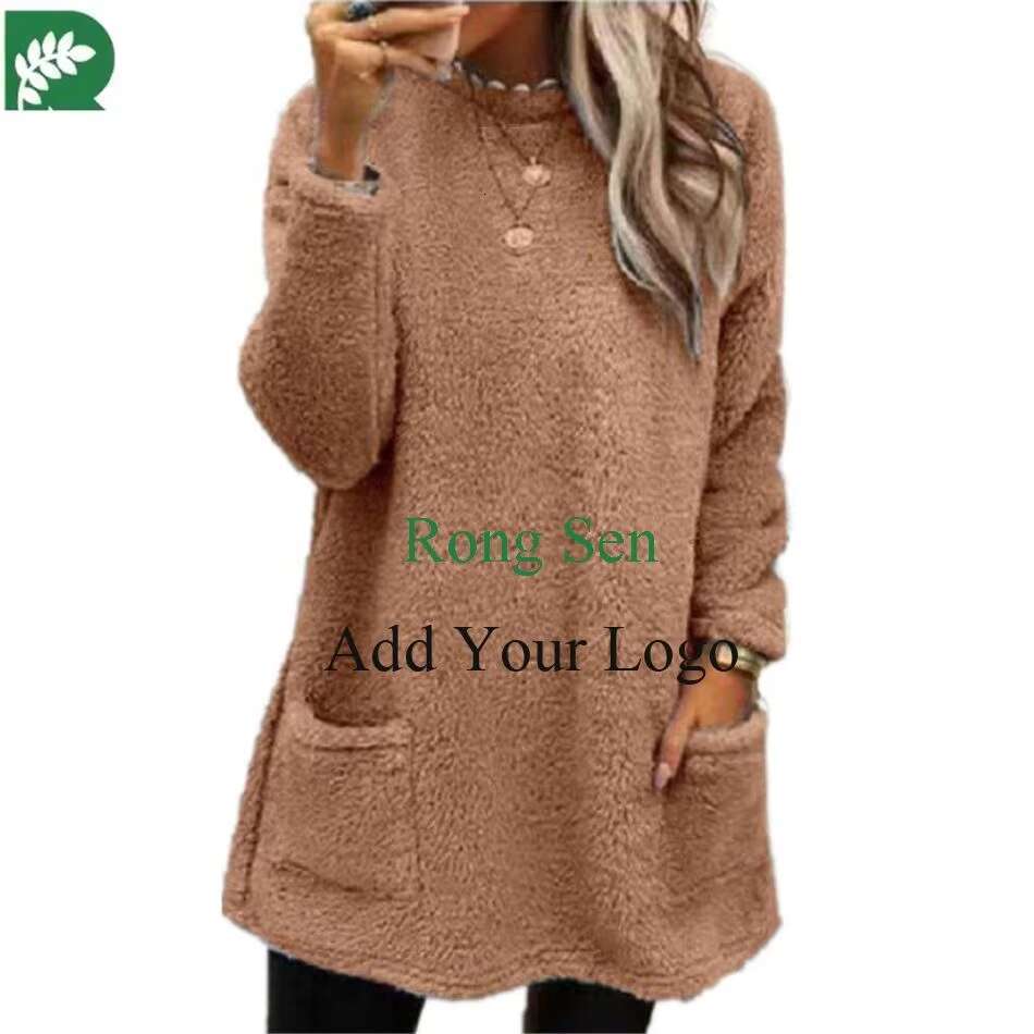 For New Long Sleeve Pocket Plush Hoodies Women Pullover Solid Color Warm Sweatshirts
