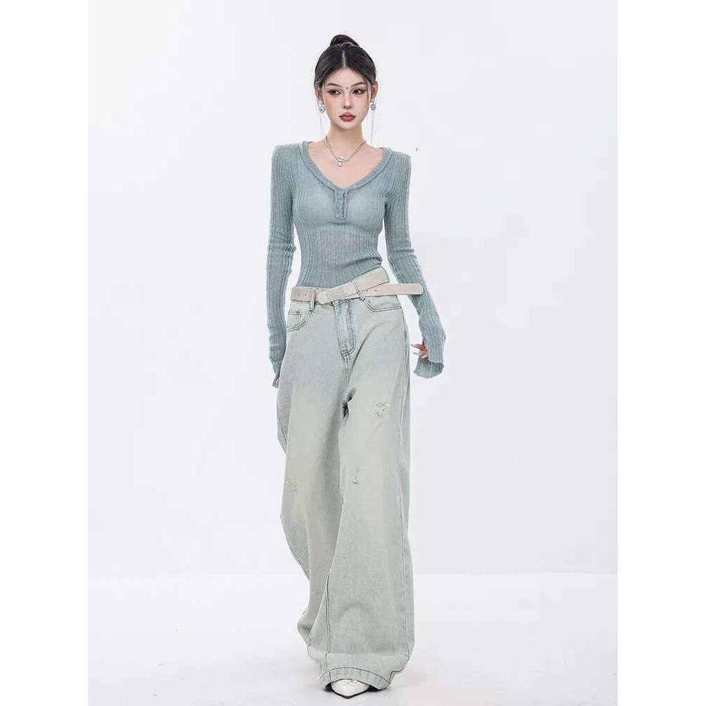 WCFCX STUDIO 2024 Women Vintage Ripped Jeans Baggy High Waist Cowboy Pants Y2k Haruku Casual Straight Denim Trousers